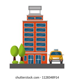 hotel building facade and taxi with trees