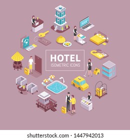 Hotel building facilities isometric elements circular composition with cleaning service swimming pool porter taxi reception vector illustration 