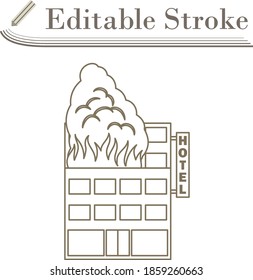 Hotel Building In Fire Icon. Editable Stroke Simple Design. Vector Illustration.