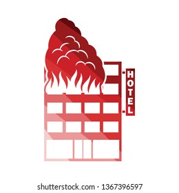 Hotel building in fire icon. Flat color design. Vector illustration.