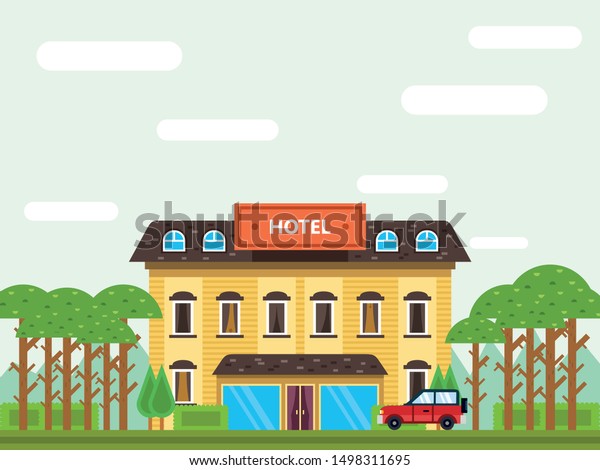 Hotel building, flat hotel\
background: vector illustration. Construct your city. Build your\
town.
