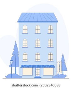 Hotel building in flat style. Flat style hotel. Illustration for the site.