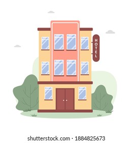 Hotel building in flat style on white background. Modern city urban landscape. Graphic element. Vector illustration in cartoon style.