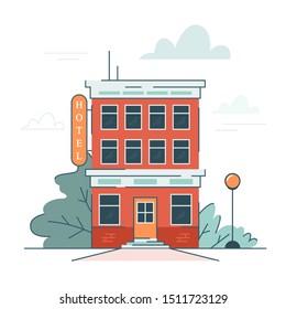 Hotel building front view. Rea estate industry, apartment house. Luxury town hotel. Isolated flat vector illustration