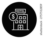 Hotel building icon with dollar sign on white background icon