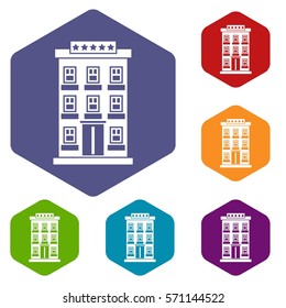 Hotel building icons set rhombus in different colors isolated on white background