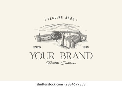 hotel building illustration logo with an eagle's eye view, classic vintage style