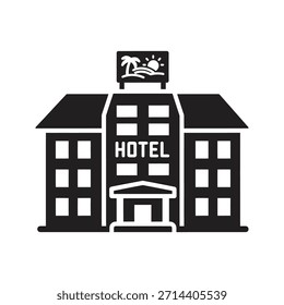 Hotelgebäude auf einfarbigem schwarzem Vektorsymbol einzeln auf weißem Hintergrund Unterkunft Reiseziel Aufenthalt Tourismus Unterkunft Symbol Design Grafik