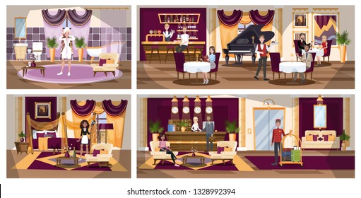 El interior del edificio del hotel. Restaurante y recepción, habitación y bañera. Gente con equipaje de vacaciones. Cena en la cafetería. El personal del hotel. Ilustración vectorial en estilo de caricatura