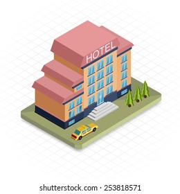 Hotel Building. Isometric 3d Pixel Design Icon. Vector Illustration.