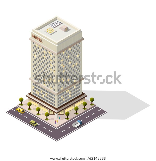 Hotel Building\
with Isometric people and\
cars