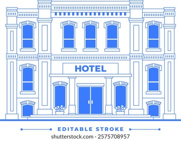 Hotel building line art illustration. Resort facade icon with entrance on white background. One color blue outline isolated graphic. Old vintage architecture. Infographic with editable stroke.