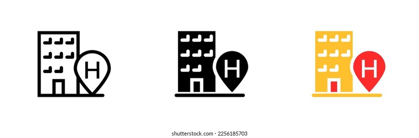 Hotel building line icon. Label, gadget, chat, community, route, path, goal, navigator. The concept of gadgets. Vector icon in line, black and colorful style on white background