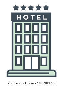 Hotel building linear symbol, five star accommodation, isolated icon vector. Modern skyscraper or construction, urban architecture. Travel and stay, room booking, rental apartment or flat, motel