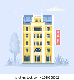 El edificio del hotel está situado en una calle de la ciudad. Diseño de dibujos animados