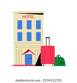 Hotel Building With Luggage In Flat Vector Illustration Symbolizing Hospitality, Travel, And Accommodation, Isolated On White Background.