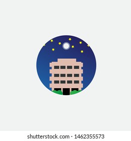 hotel building modern vector illustration in a round frame