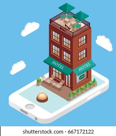 Hotel building on mobile phone screen in vector isometric style. Booking hotel online using smartphone. Illustration in flat 3d design. Hotel building isolated element. 