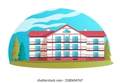 Hotel building and park area, a country house for recreation, a tourist villa among trees