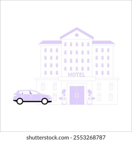 Edificio De Hotel Con Coche Estacionado En Ilustración vectorial Plana Que Simboliza Hospitalidad, Alojamiento Y Servicios De Viaje, Aislado Sobre Fondo Blanco.