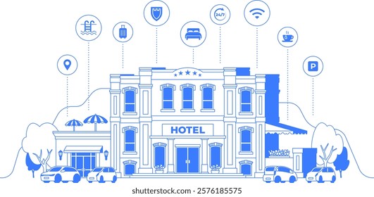 Hotel building with parking lot, amenities infographic. Mountain landscape graphics with icons. Line art illustration. Resort on white background. One color blue outline isolated inn. Editable stroke.