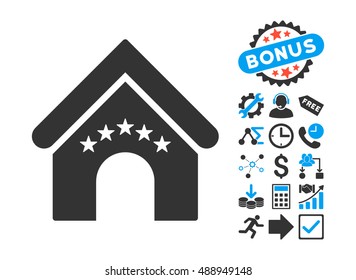 Hotel Building pictograph with bonus design elements. Vector illustration style is flat iconic bicolor symbols, blue and gray colors, white background.