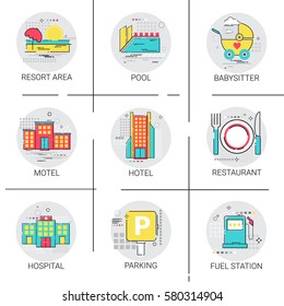 Hotel Building Restaurant Resort Area Hospital Pool Service Icon Set Vector Illustration