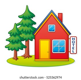 Hotel building and spruce trees icon.