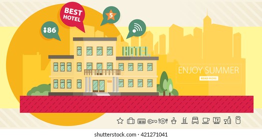 Hotel building in summer vacation, best choice. Flat vector.