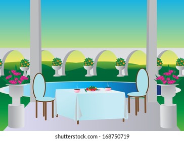 Hotel. Building with a terrace and a swimming pool , a table with coffee, and mountain views