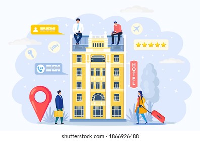 Hotel building. Tourist with luggage, suitcase. Man reservates room by smartphone. Booking apartment concept. Vector cartoon design