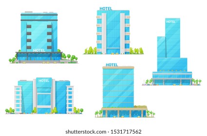 Edificio vectorial iconos de la casa de la ciudad modernos exteriores. Rascacielos, moteles y apartamentos de alquiler con fachadas de vidrio y acero, entradas de lujo, ventanas y balcón. Industria de la hospitalidad