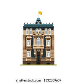 Hotel building. Vector illustration isolated on white background with flag.