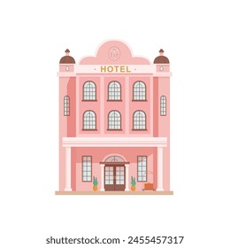 Hotel building vector illustration. Modern five star hotel facade. Front view of entrance in hostel or apartments. Public urban infrastructure infographics.