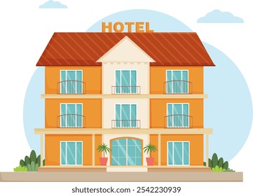 Hotel building vector illustration. Modern hotel facade. Front view of entrance in hotel. Hotel building exterior.