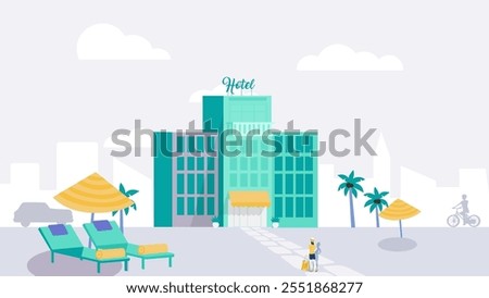 Hotel building vector illustration. Modern five star hotel facade. Front view of entrance in hostel or apartments. Public urban infrastructure infographics.