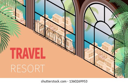 Hotel Building Window with Beautiful View - Sea Ocean Palm Trees Town Vector Isometric Illustration. Travel Resort Banner Concept. Honeymoon Vacation Romantic Weekend Trip Tropical Tourism