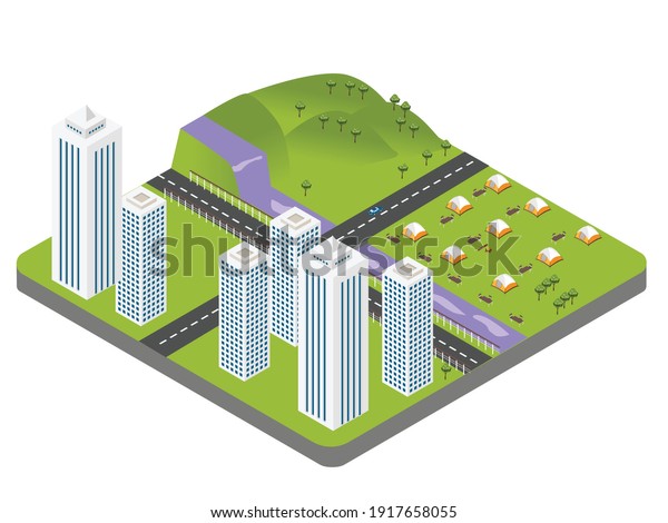 Hotel buildings and camping tents in a resort\
isometric 3d vector concept for banner, website, illustration,\
landing page, flyer,\
etc.