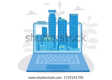 Hotel buildings in computer, Internet booking service, customers reviews, five star ratings. Vector illustration for web banner, infographics, mobile, search for accommodation online