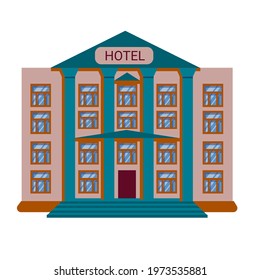  hotel is built in the classical style with columns. Hotel building in flat cartoon style. Vector Illustration.color icon of the city infographic is isolated on a white background