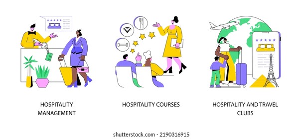 Hotel Business Abstract Concept Vector Illustration Set. Hospitality Management And Courses, Travel Clubs, Travel Office, Hospitality Staff Training, Travelers Community Network Abstract Metaphor.