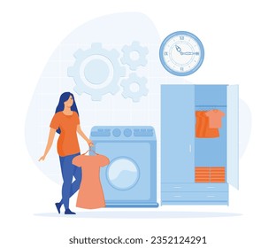 Hotel business concept, Experienced manager training staff, laundry service, maid ironing guests shirt, waiter serving at banquet. flat vector modern illustration