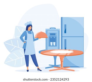 Hotel business concept, Experienced manager training staff, laundry service, maid ironing guests shirt, waiter serving at banquet. flat vector modern illustration