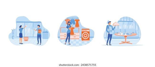 Hotel business concept. Laundry service, maid ironing guests shirt. Waiter serving at banquet. Set flat vector modern illustration 