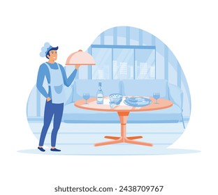 Hotel business concept. Waiter serving at banquet. flat vector modern illustration 