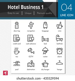 Hotel Business elements set 1 vector black icons on white background. Premium quality outline symbol collection. Stroke vector logo concept, web graphics.
