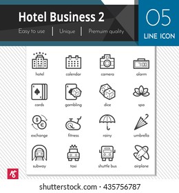 Hotel Business elements set 2 vector black icons on white background. Premium quality outline symbol collection. Stroke vector logo concept, web graphics.