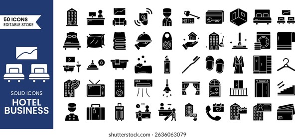 Hotel business icon set in solid style. Pack of elevator, bar, toilet, reception, luggage, restaurant, kitchen, bedroom, reserve, room, and more. Vector illustration