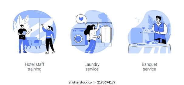 Hotel business isolated cartoon vector illustrations set. Experienced manager training staff, laundry service, maid ironing guests shirt, waiter serving at banquet, horeca sector vector cartoon.