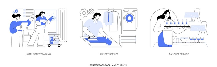 Hotel business isolated cartoon vector illustrations set. Experienced manager training staff, laundry service, maid ironing guests shirt, waiter serving at banquet, horeca sector vector cartoon.